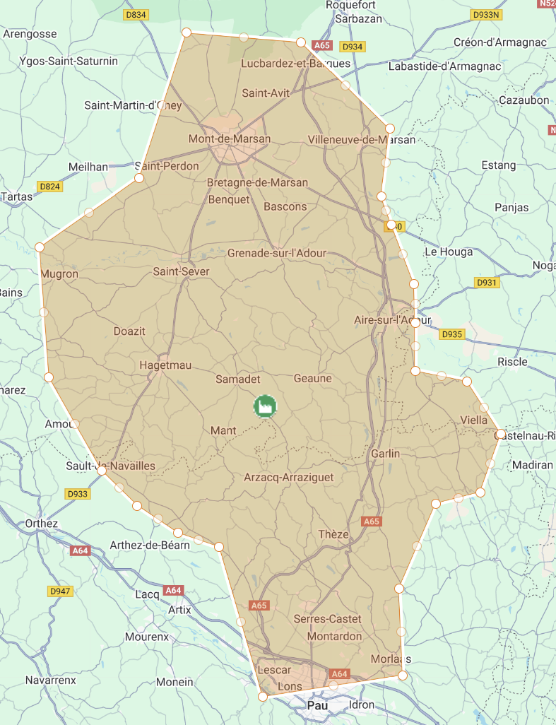 Carte de livraison de Baillet bois de chauffage et granulés dans les Landes et le Béarn